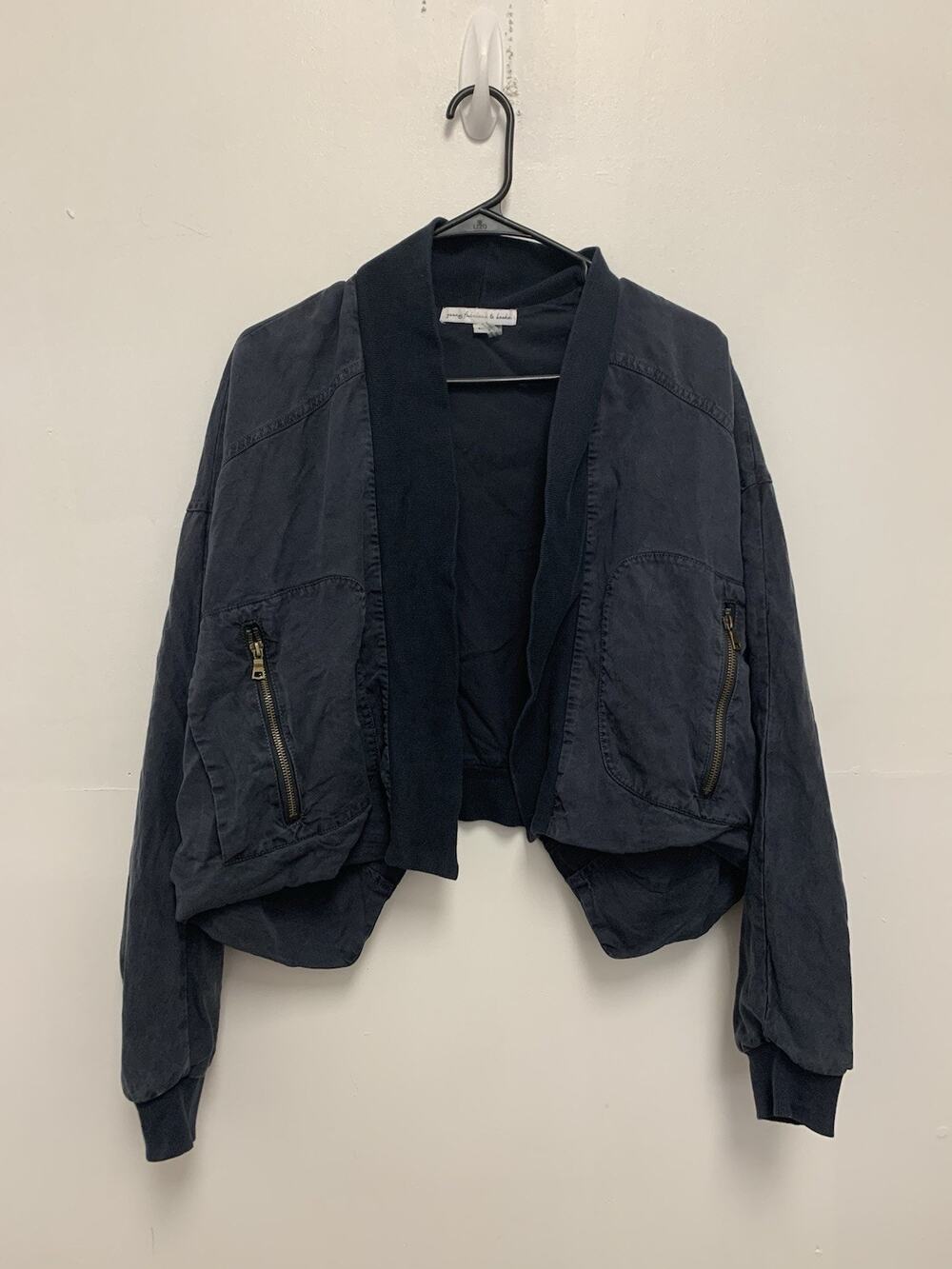 Young Fabulous Broke Bomber Open Front Cropped Jacket in Black - Size M EUC